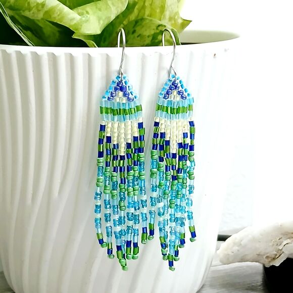 Boho Chic Beaded Fringe Dangle Earrings, Blue & Green, Seed Bead Jewelry, 3.5" - Picture 6 of 7